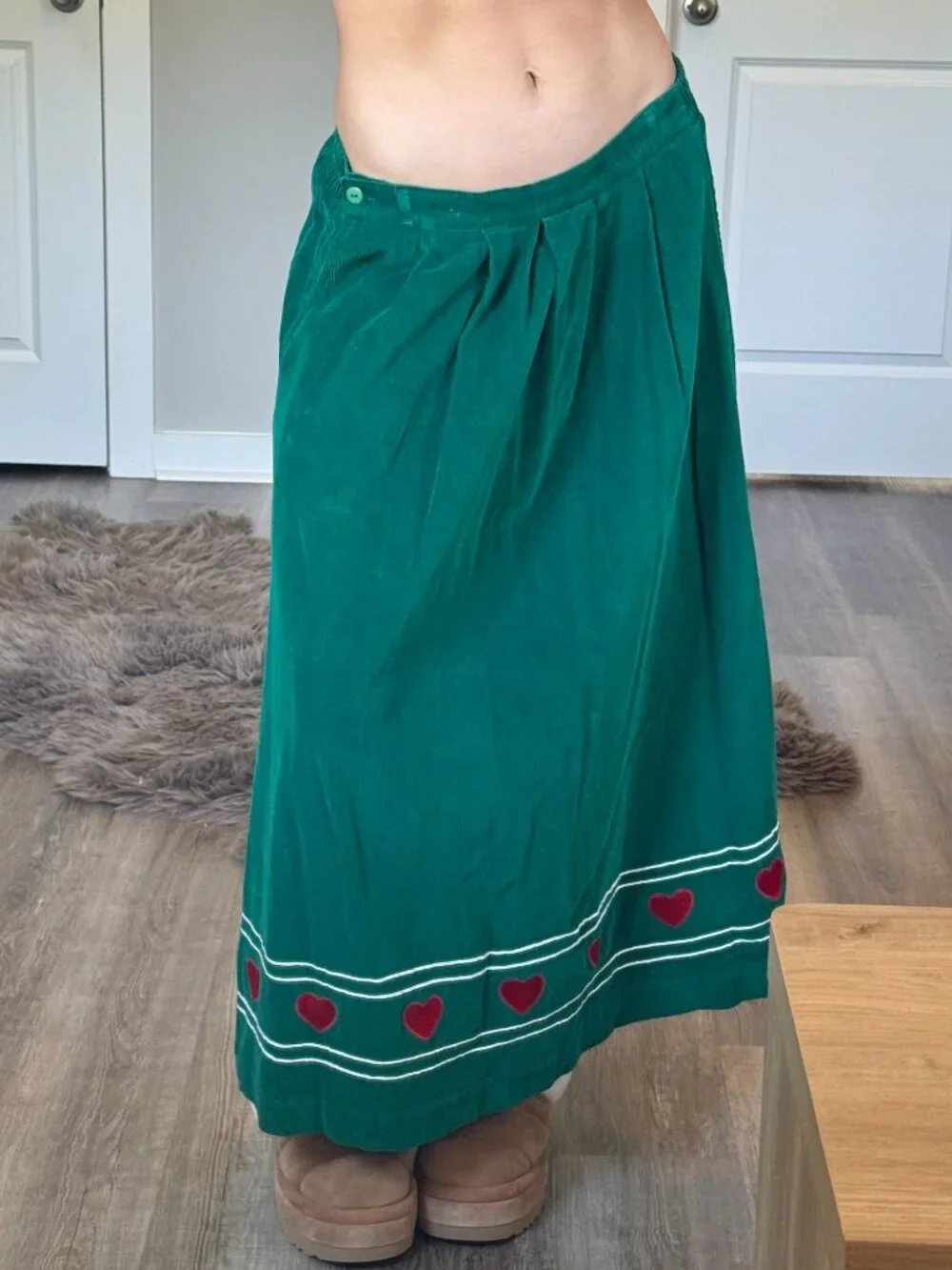 Vintage Y2K Eagles Eye Green Corduroy Maxi Skirt Womens M Cottagecore Hearts